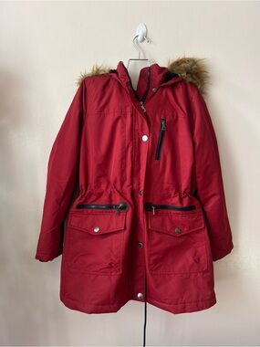Urban Republic Red Hooded Utility Parka with Faux Fur Trim